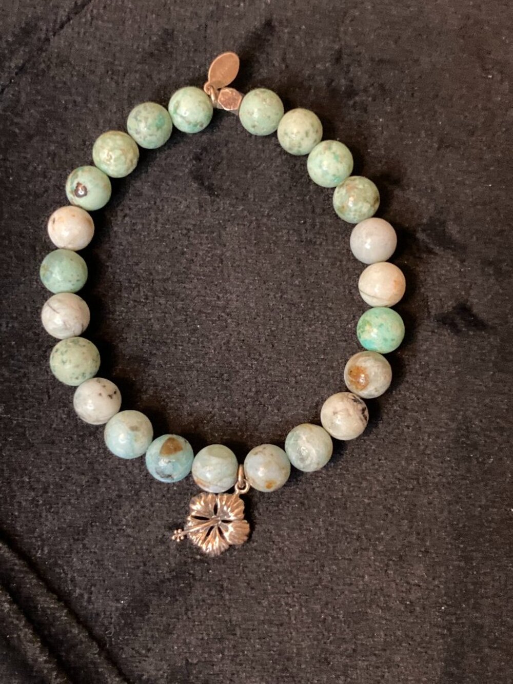Vintage 2000s Hibiscus Flower Charm Round Green Bead Elastic Bracelet